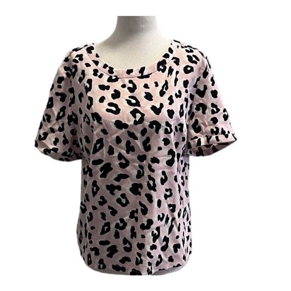 W5 Anthropologie Womens Pink Black Cheetah Print Short Sleeve Top Size Medium